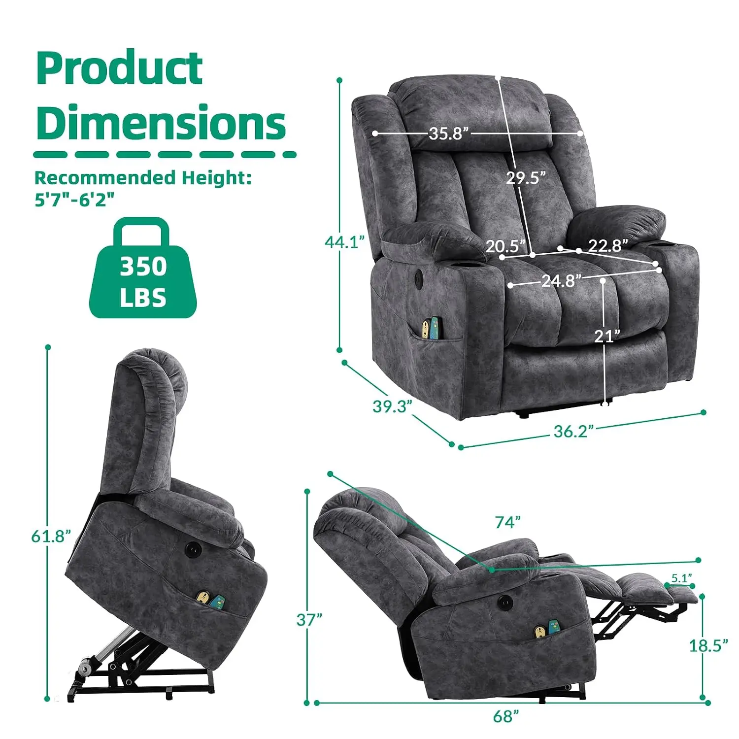Tall Man Large Power Lift Recliner Chair with Massage and Heat for Elderly, Overstuffed Wide Electric Lift Recliner, Custom