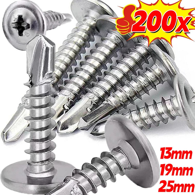 20/200pcs Stainless Steel Washer Screws Self-tapping Flat Head Screw Fastener High-Strength Quick Self-Drilling Hardware Kits