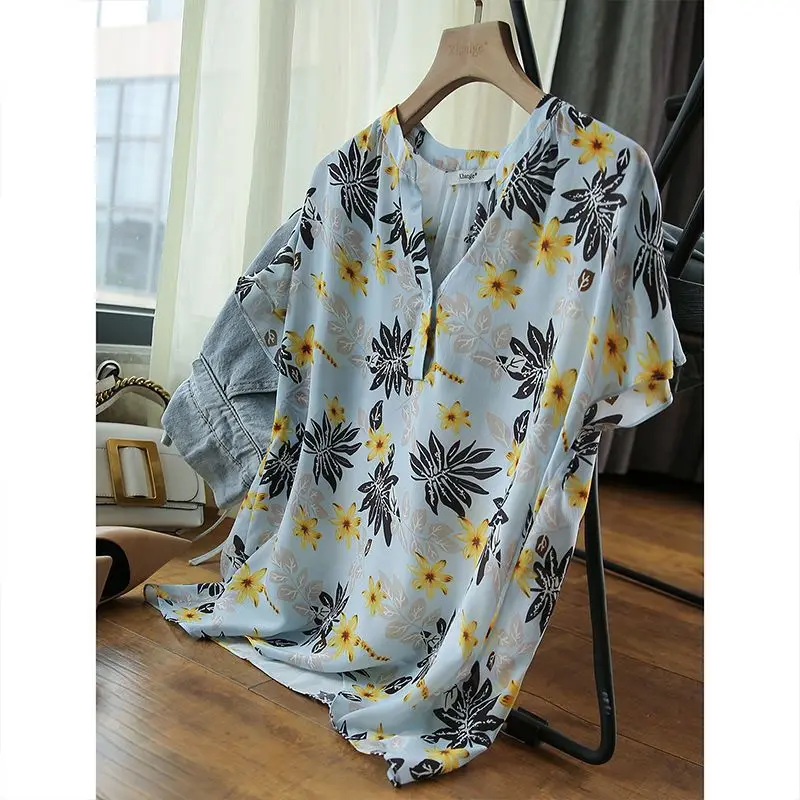 Fashion V-Neck Short Sleeve Printed Chiffon Blouses Women's Clothing 2025 Summer New Loose All-match Tops Commuter Shirts