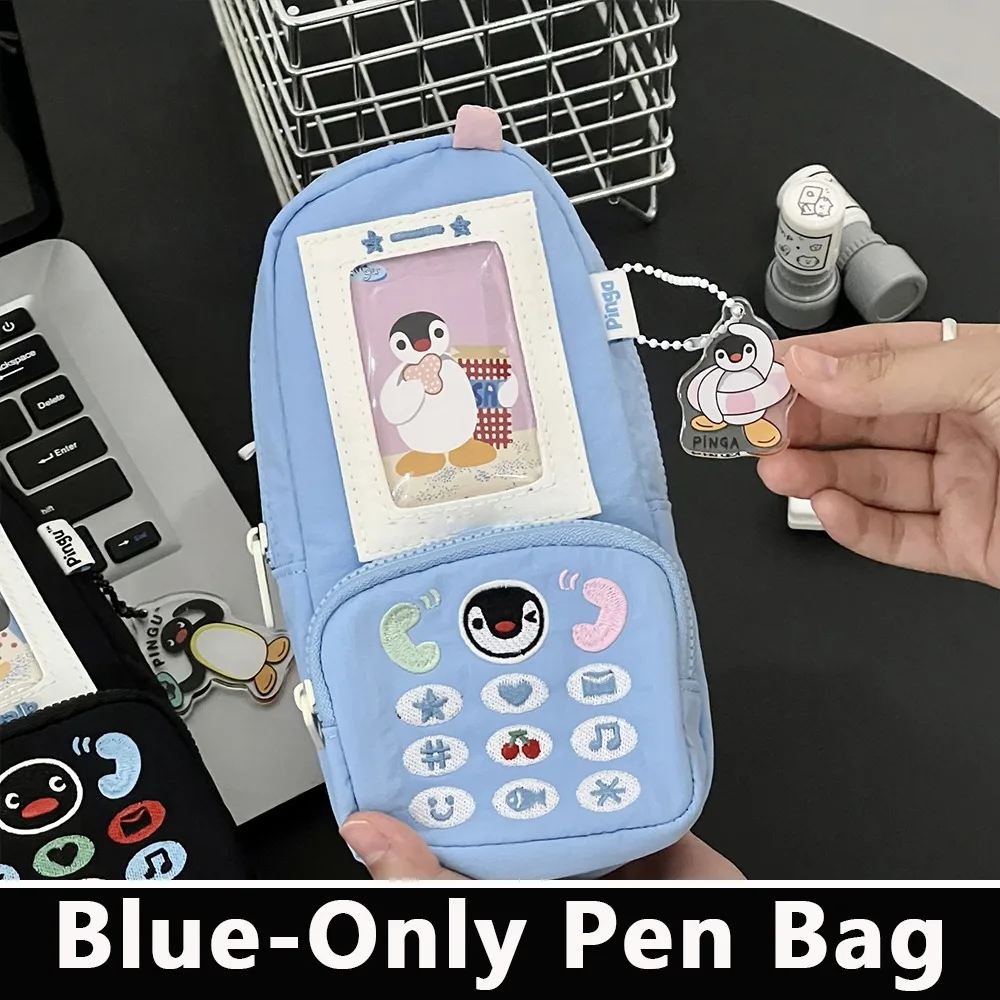 Multi-functional Canvas Pen Bag Phone Shape Large Capacity Pencil Case Penguin Embroidery Pen Box Back To School