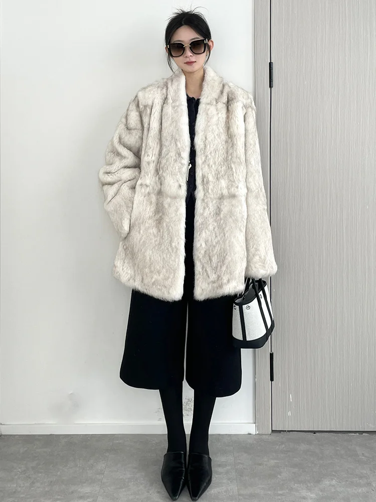 

2026 Fashion Genuine Whole Skin Real Rabbit Fur Coat Natural Fur Jacket Full Pelt Rabbit Fur Luxury Overcoat Outwear