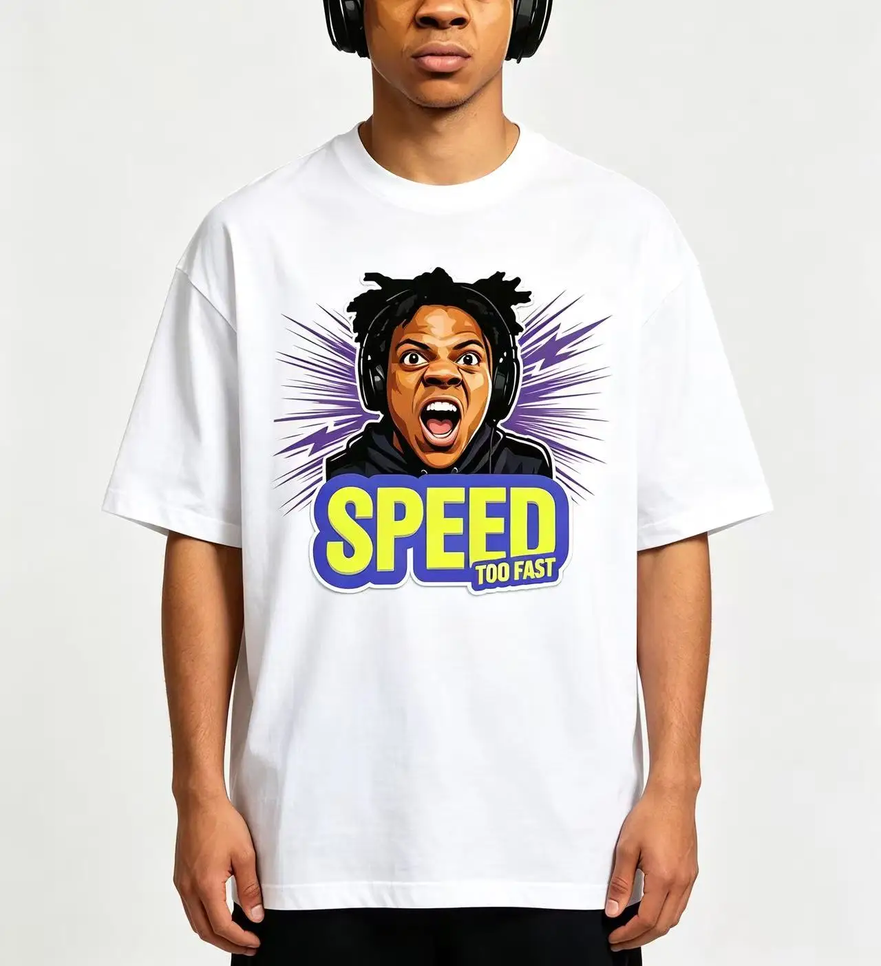 Unisex Speed Too Fast Character Headphone Lightning Graphic T Shirt Men Women Hip Hop Streetwear Cartoon Print Oversized Crew Neck Cotton Tee