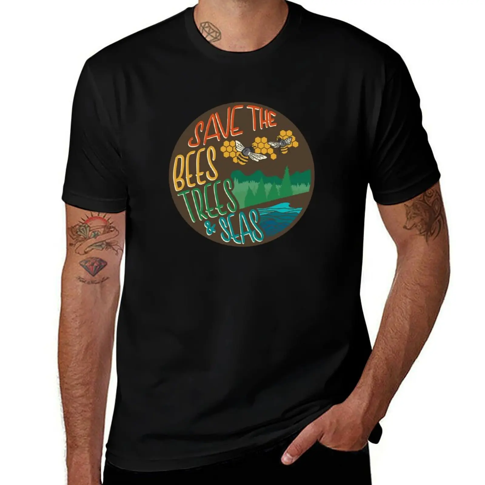 Save The Bees, Trees, & Seas Earth Tones T-Shirt Fashion Casual Short Sleeve T-Shirt