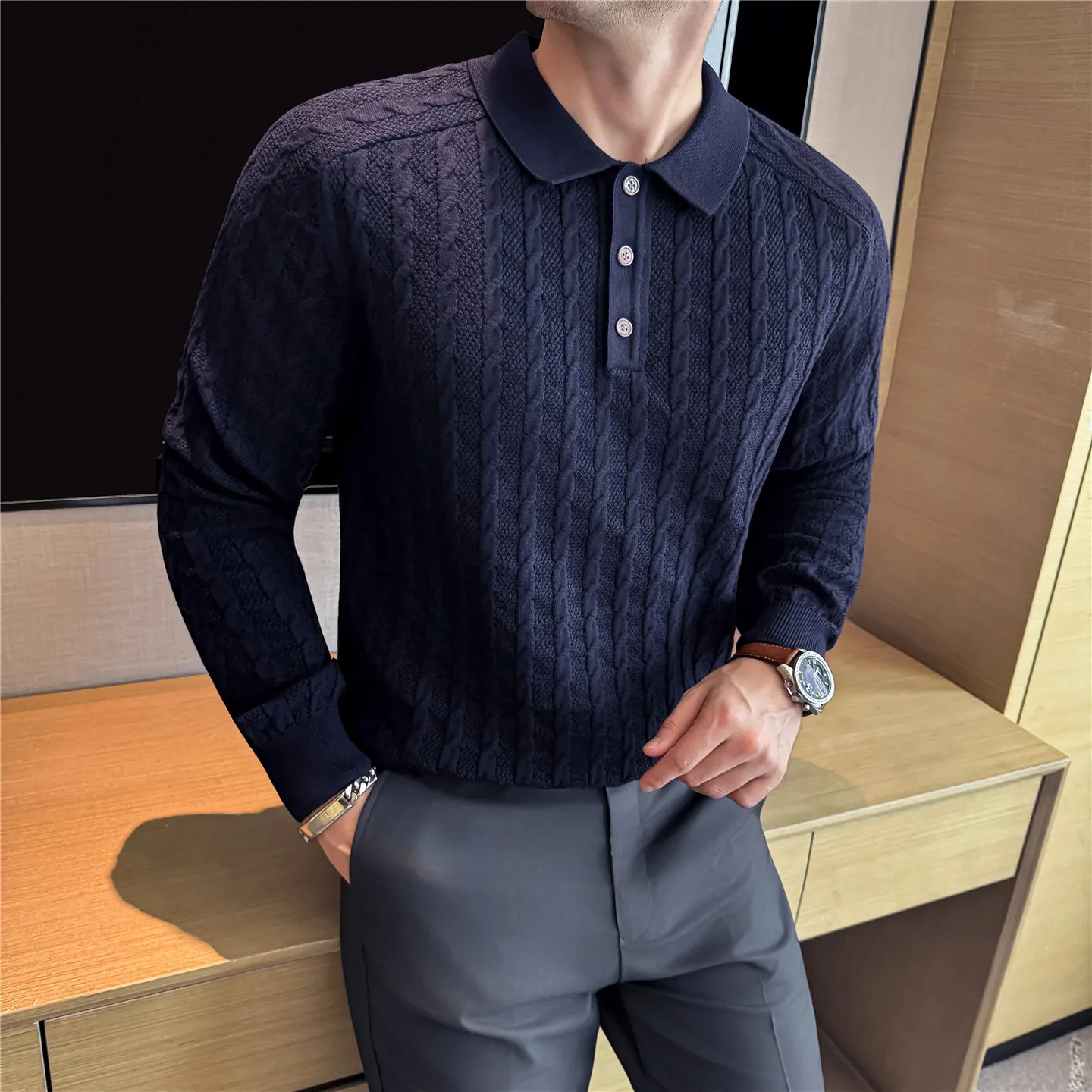 

Осень-зима вязаный свитер с воротником-поло, мужские шерстяные пуловеры с длинными рукавами, свитера, облегающие теплые повседневные деловые трикотажные топы