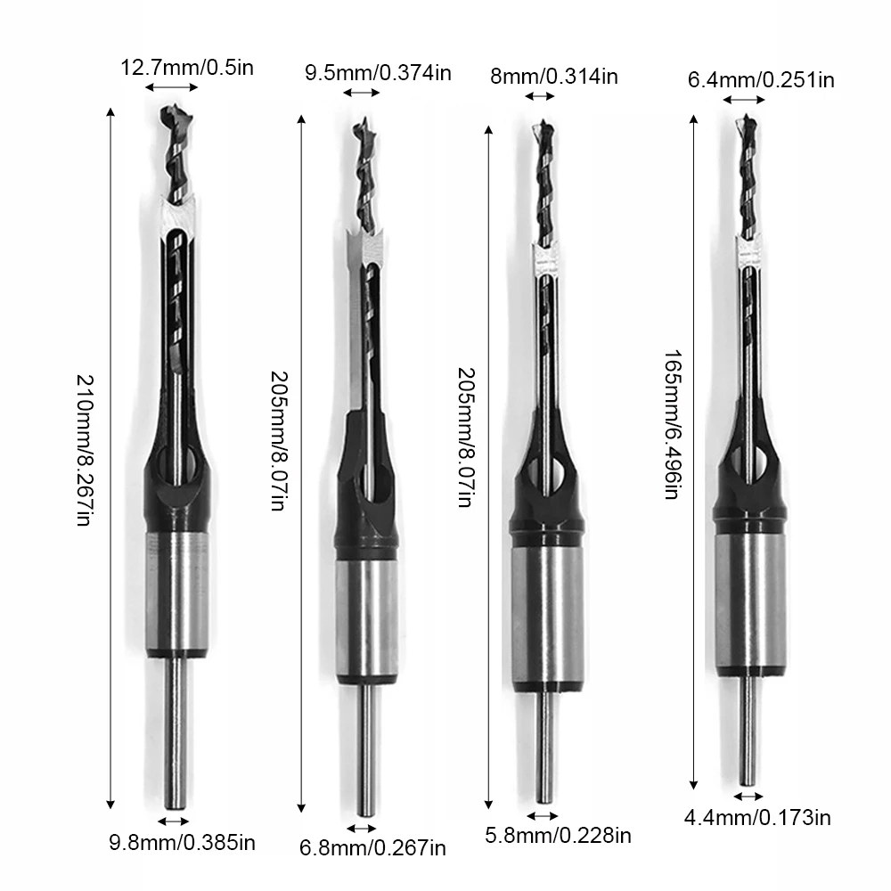 4PC Woodworking Square Hole Drill Bit High Carbon Steel Round Handle Square Tenon Drill For Unlocking Punching Salad Drill Bit