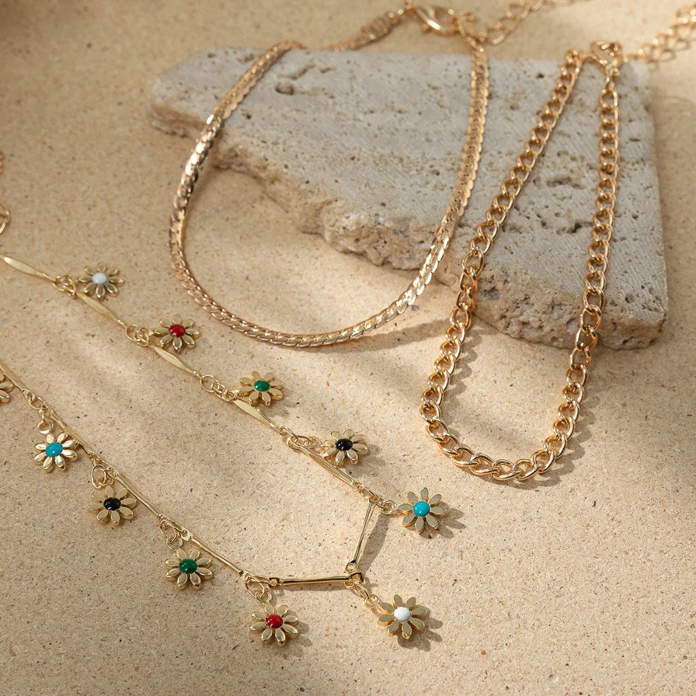 3pcs Set Luxury Romantic Colorful Enamel Cute Daisy Floral Stackable Ankles for Women Charm Valentine's Day Date Jewelry Sets