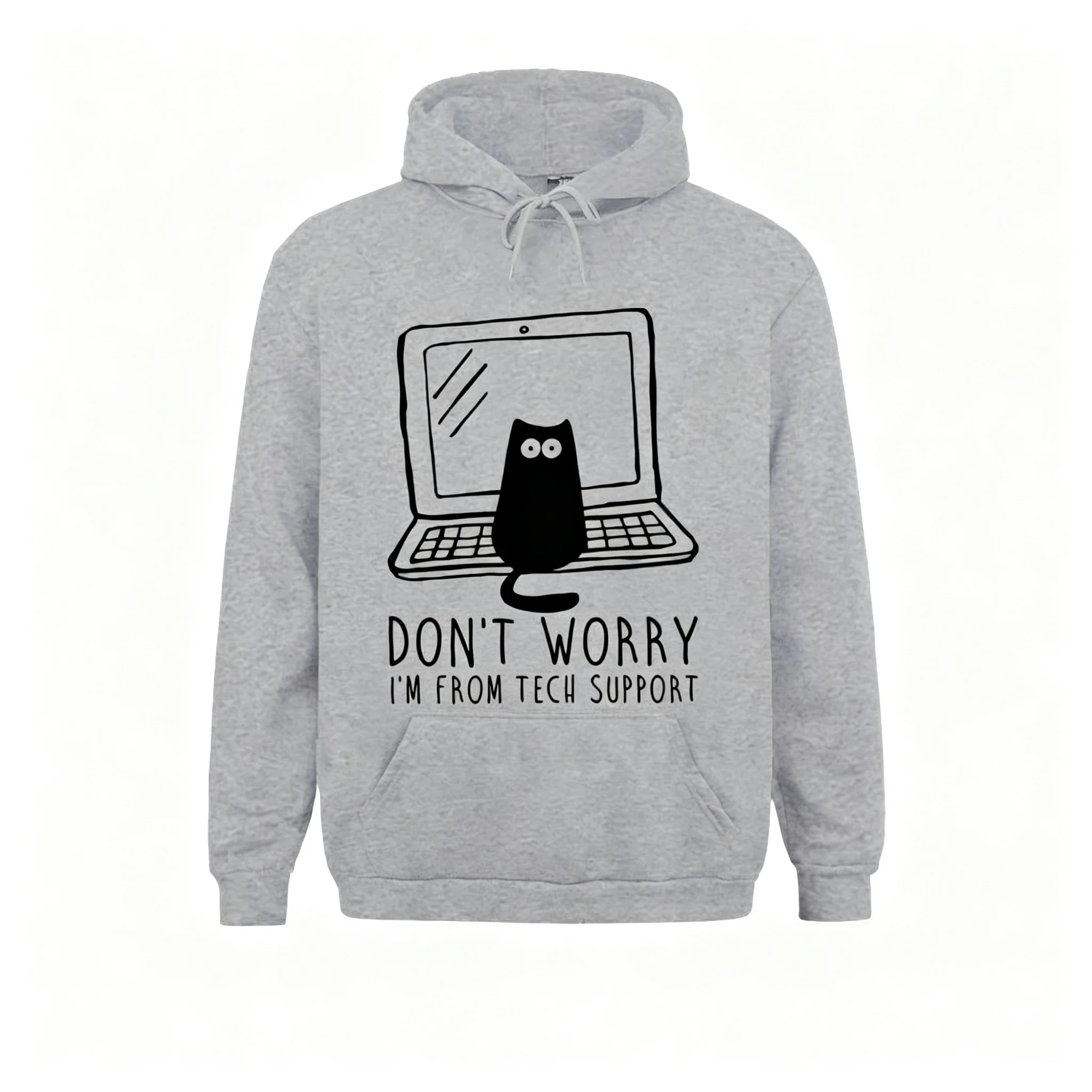 Funny I'm From Tech Support Black Cat Hoodie Men Geek Programmer Oversized Cotton Pullover Sweatshirt