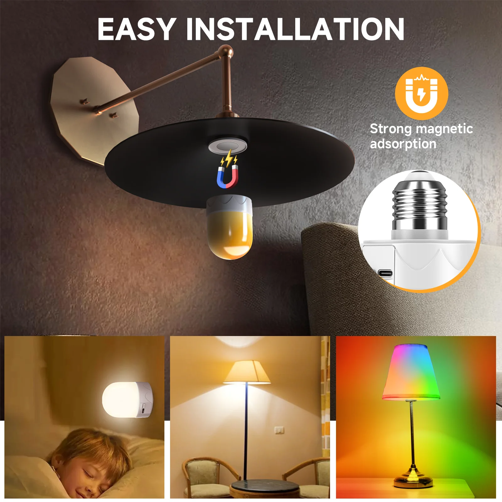 Żarówka RGB z możliwością ładowania, sterowana pilotem, E27, zasilana bateryjnie, do lamp ściennych i wiszących bez konieczności okablowania. — zdjęcie 5