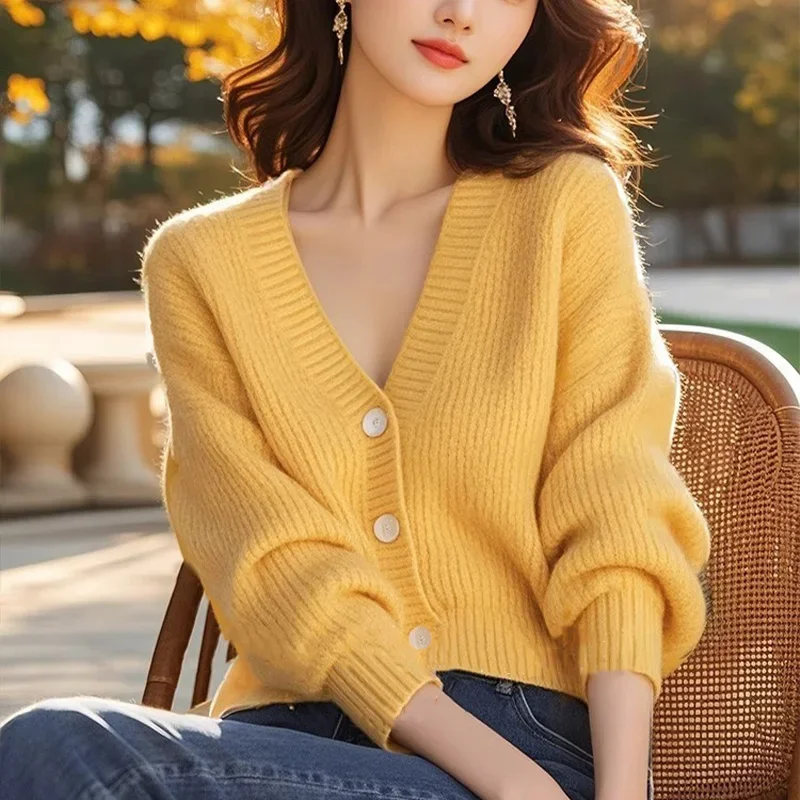

Office Lady Fashion Solid Knitted Cardigan Spring Loose V-neck Button Sweaters Daily Commute Comfortable Casual Knitwear Tops