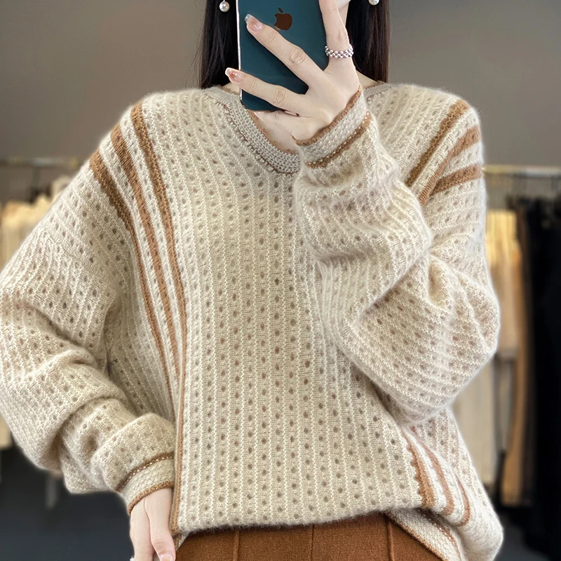 Autumn and winter new V-neck 100 pure cashmere sweater women loose thin hollow sweater knitted wool soft waxy base top