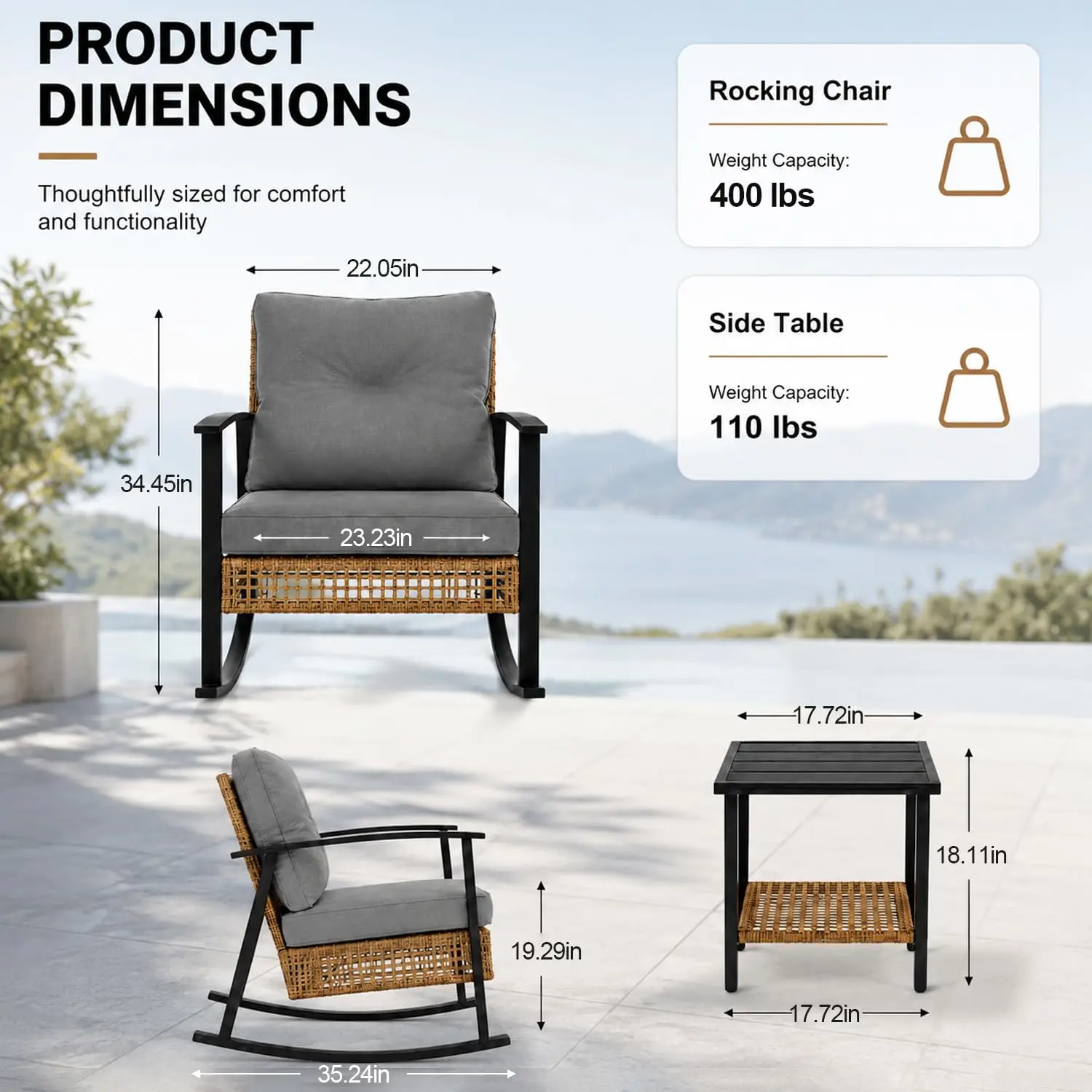 3 Piece Rocking Bistro Set, Outdoor Wicker Furniture With Thick Cushions & 2-Tier Table, All Weather Oversized , Customized
