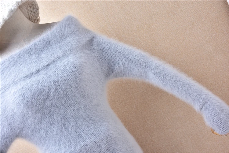 Ladies Women Autumn Winter Grey Hairy Angora Rabbit Hair Knitted Slash Neck Long Sleeves Slim Blouses Pullover Sweater Jumper