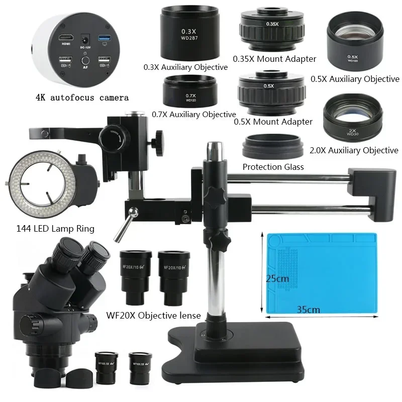 SONY IMX334 Autofocus 4K HDMI USB Digital Video Camera Phone Repair Stereo Trinocular Microscope Double Boom Bracket 144 LED Set