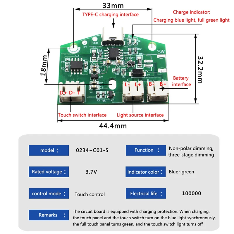 1 pz 3.7V tipo-C lampada da tavolo circuito di ricarica USB PCB bicolore dimmer continuo led touch piccola lampada da notte modulo di controllo