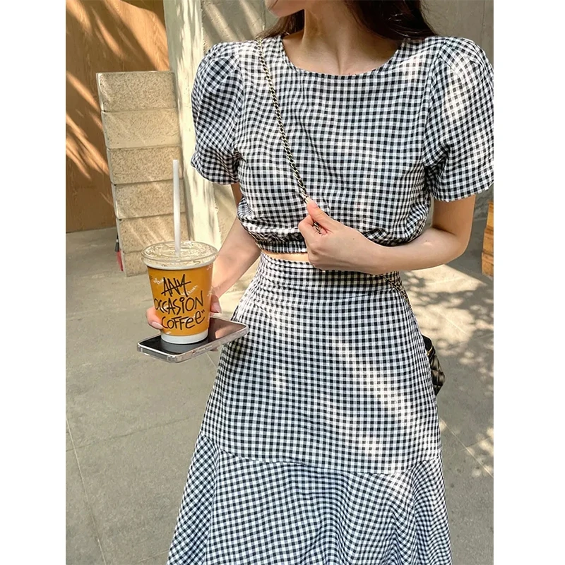Faionable Plaid Bubble Sve ort irt And A-Line  Skirt Set for Women High Waist Slimming Vintage Summer Outfit