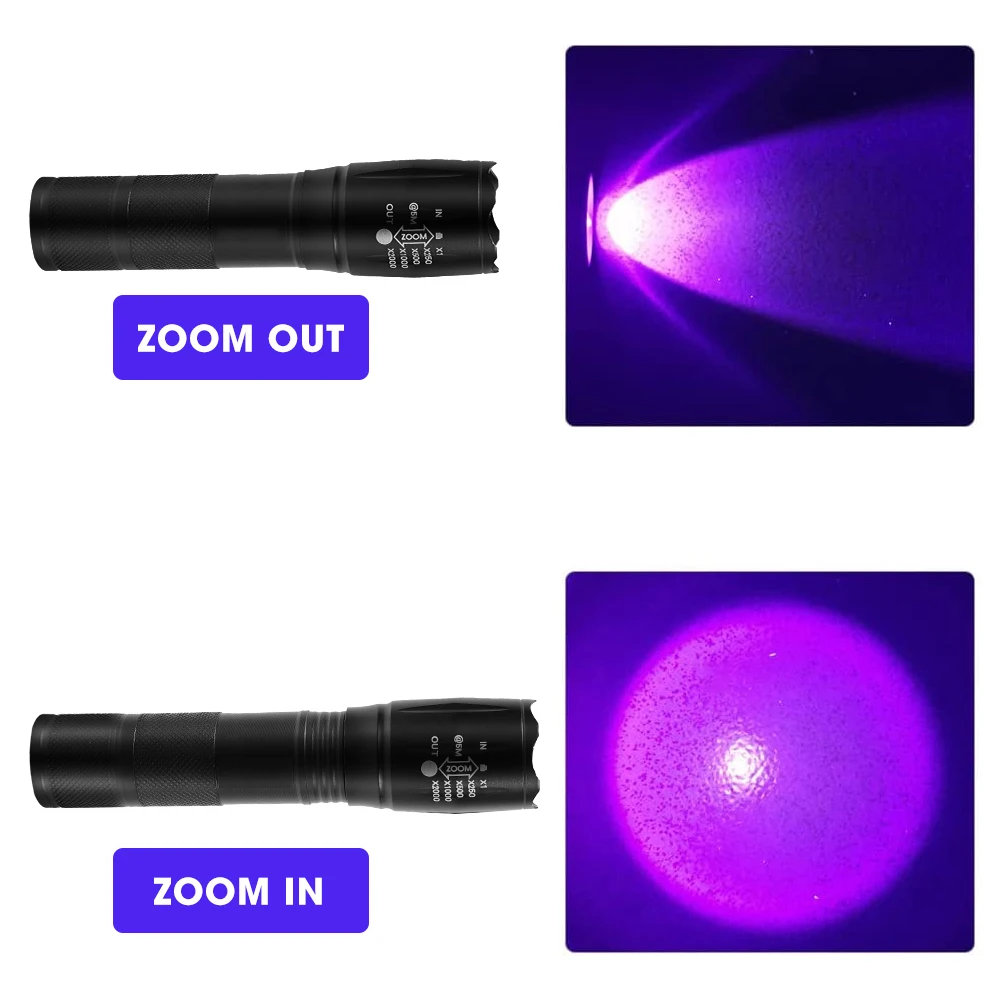 Linterna de luces duales púrpura y blanca, linterna ultravioleta con Zoom, linterna UV retráctil, lámpara portátil de detección de agente fluorescente