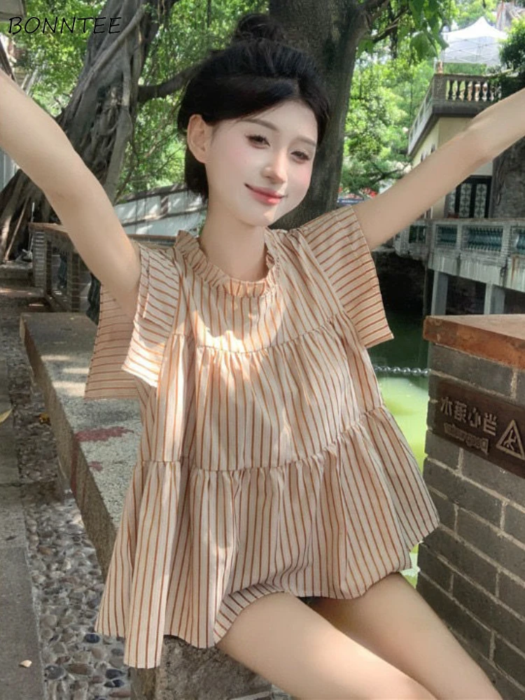 Ruffled Blouses Women Striped Creativity Folds Simple All-match Daily Korean Style Students Leisure Lovely Stylish Tender New