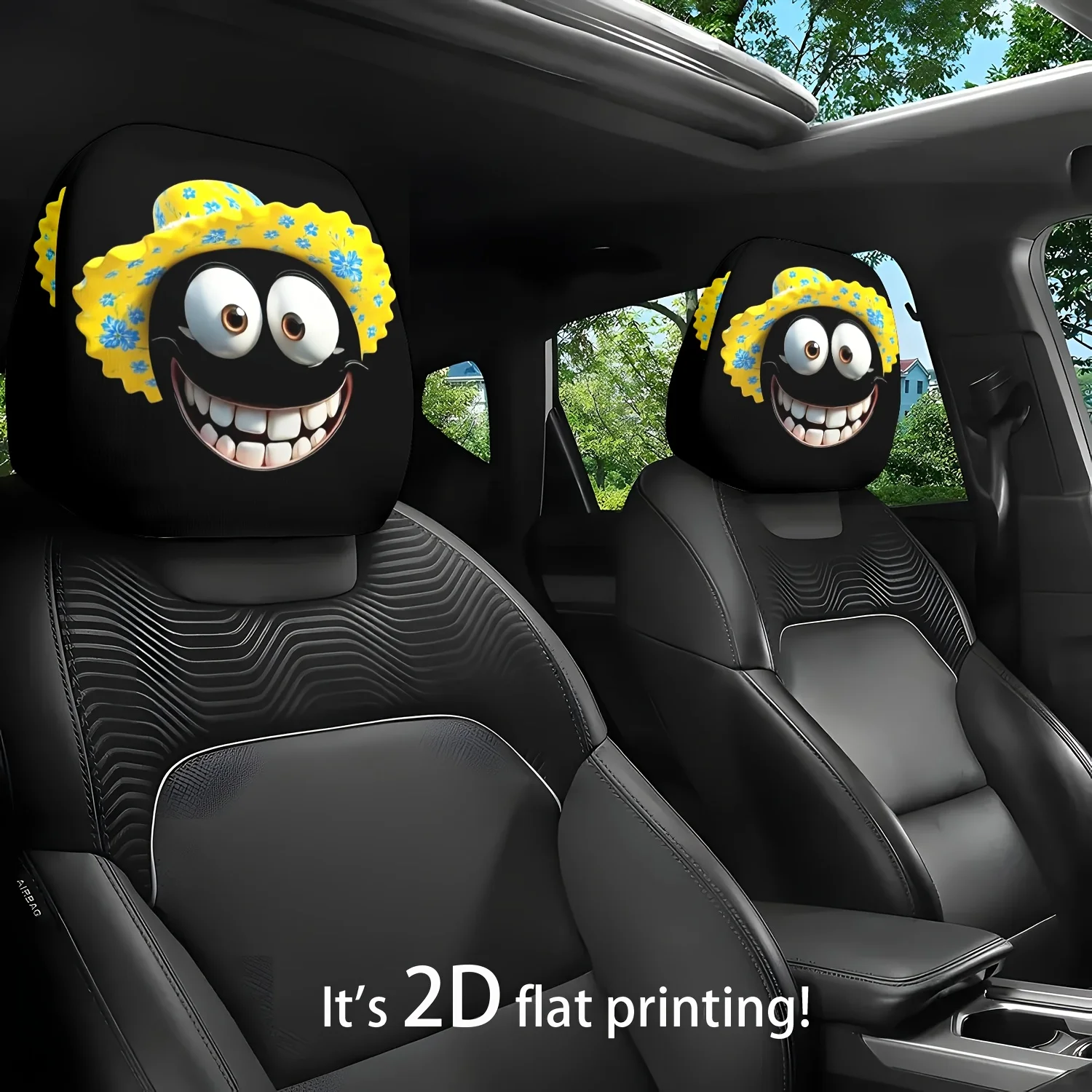 Klassischer gelber Strohhut für Gemüsegarten, Zeichentrickfigur, lächelndes Thema, Auto-Kopfstützenbezug, perfektes Weihnachtsgeschenk