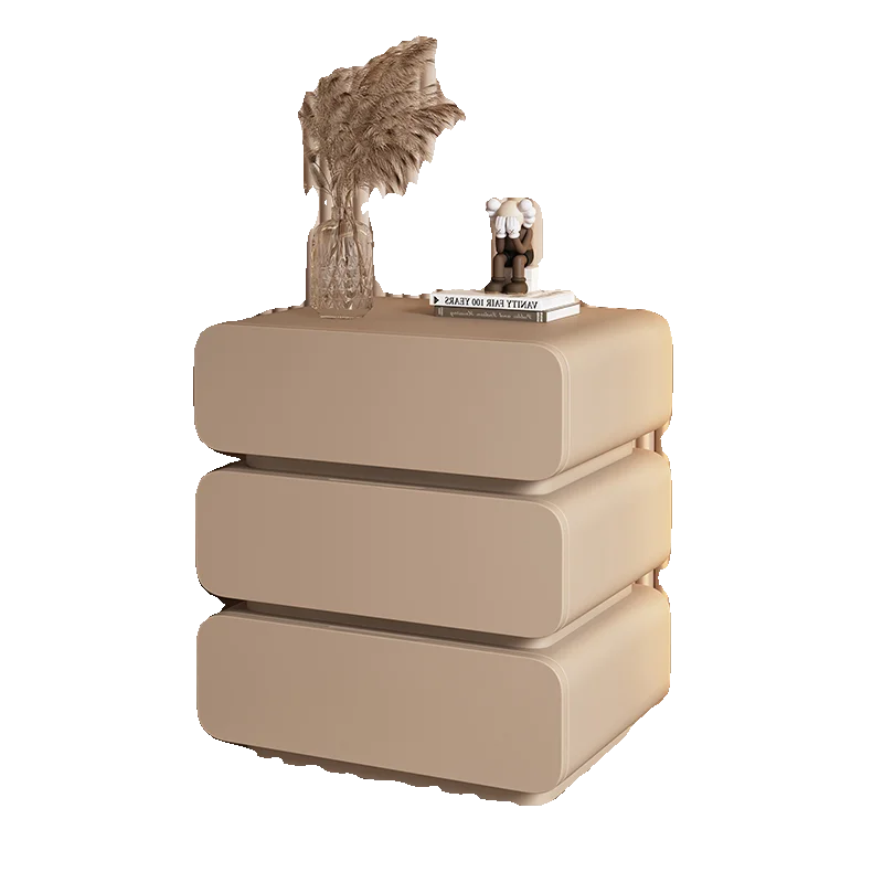 

Cream wind minimalist solid wood bedside table, bedroom simple modern leather bedside table, small three-layer three-pump storag