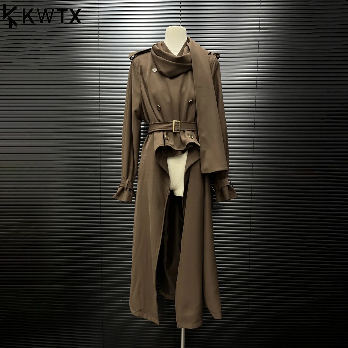 

KWTX 2025 женский кофейный плащ с поясом, двубортный, с длинными карманами и лацканами, элегантная шикарная осенне-зимняя модная верхняя одежда