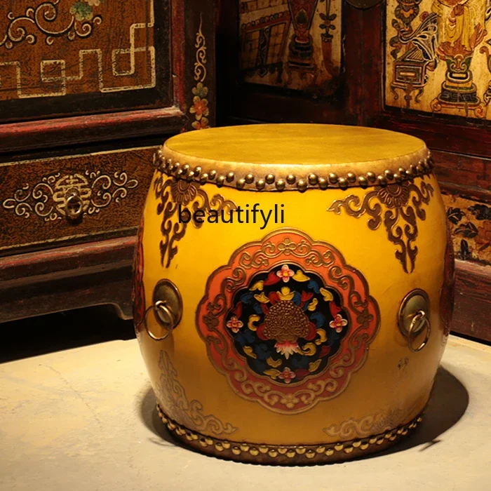 Chinese-Style Painted Creative Embroidered Pier Cowhide Drum Stool Antique American Lacquer Sofa Chinese Zither Chair