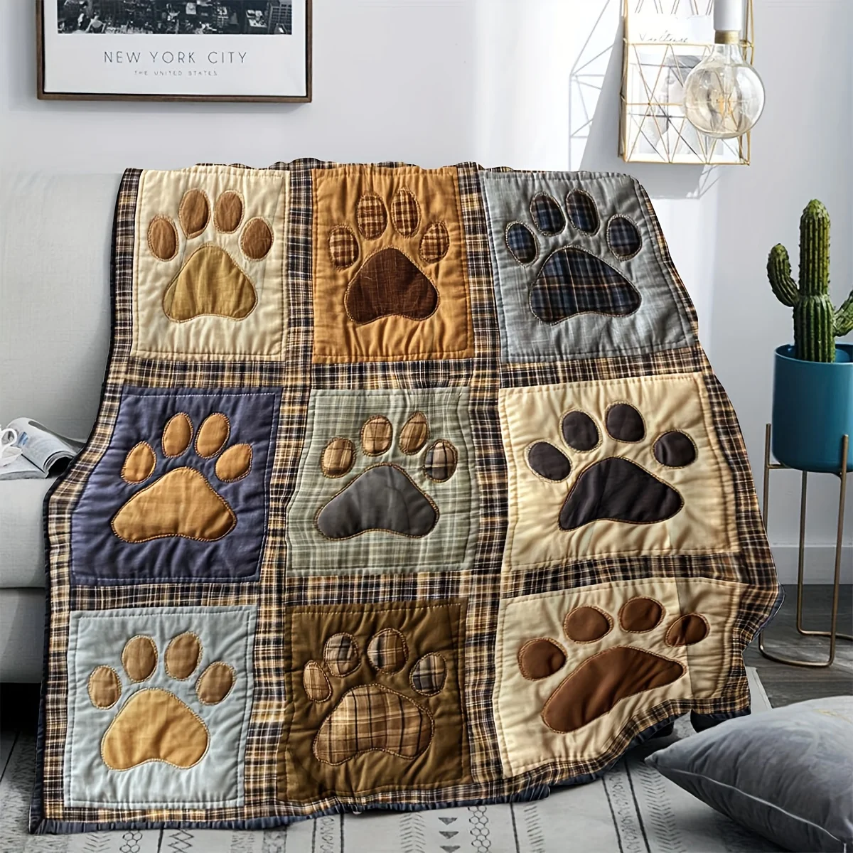 Cozy Flannel Paw Print Throw Blanket for Dogs Pet Gift Plaid Plaid Quilted Winter Throw Couch Decorative Blanket for Home Decor
