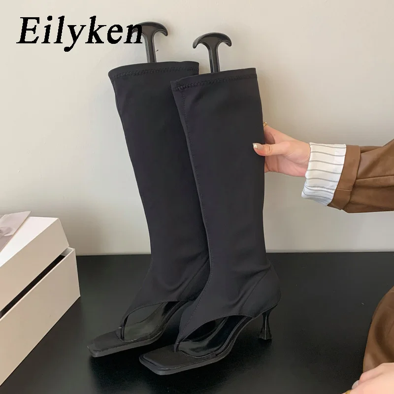 Eilyken Fashion Spring Stretch Women\'s Boots Sandals Square Open Toe Low Heel Ankle Strap Hollow Out Street Style Shoes