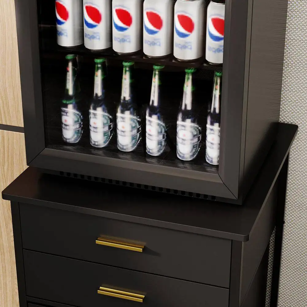 عربة مطبخ ذات سطح خشبي أسود مع 3 أدراج وخزانة واحدة وعجلات دوارة