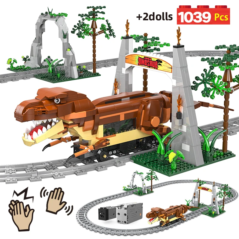 1039pcs City Electric Jurassic World Dinosaur Tyrannosaurus Rex Building Blocks Voice Control Rail Car Animal Bricks Kids Toys