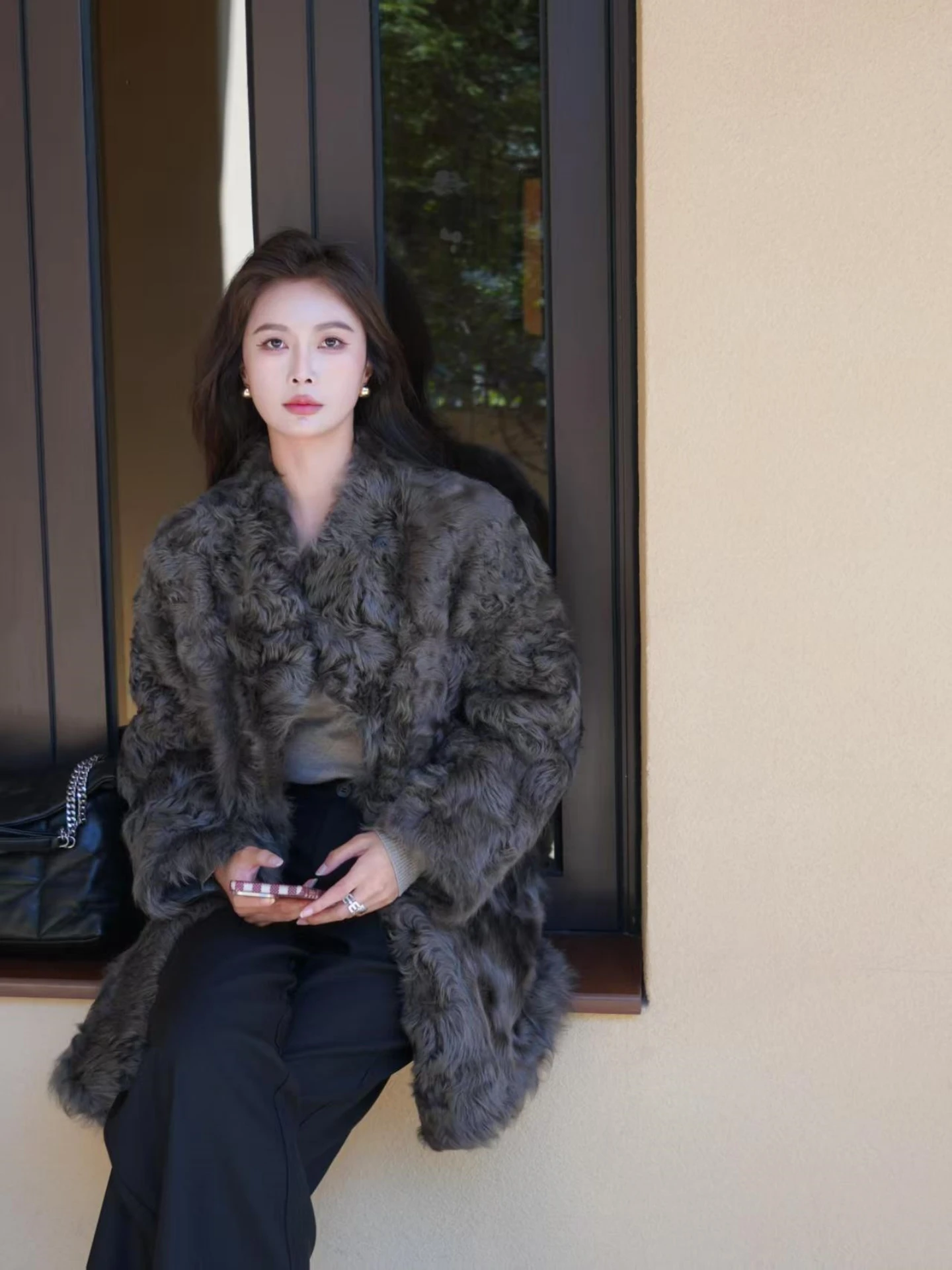 Autunno Inverno Nuovo Sle Piccolo Lago eep Ricci Pelliccia Pelle Jaet Allentato di Lusso Faion di Media Lunghezza Tuta Sportiva da Donna