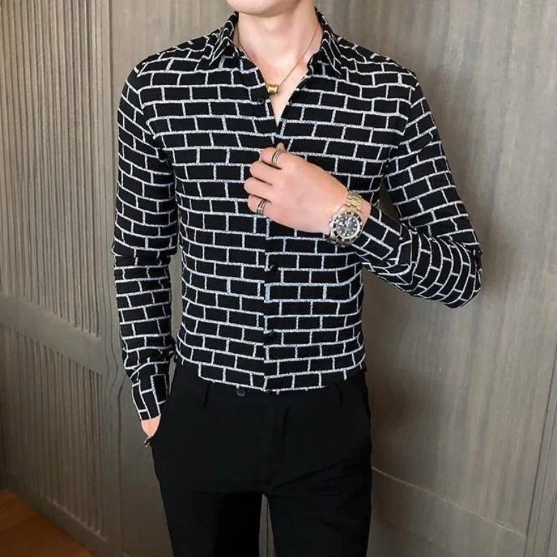 2026 Spring Autumn New Arrival Men's Korean Style Plaid Long Sleeve Slim Fit Shirt Trendy Casual Wrinkle Resistant Fashion Top