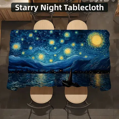 V-Van Gogh's Starry Night Table Cloth Party Decor Dining Room Home Kitchen Patios Waterproof Stain-Proof Table Cloth