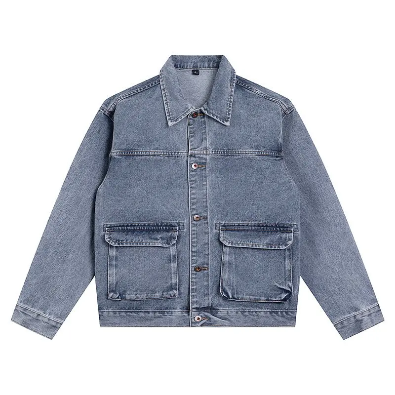 Autumn and Winter Trucker Jacket Men Retro Blue Cargo Jean Jackets Functional Pockets Washed Utility Jacket Denim Clothing
