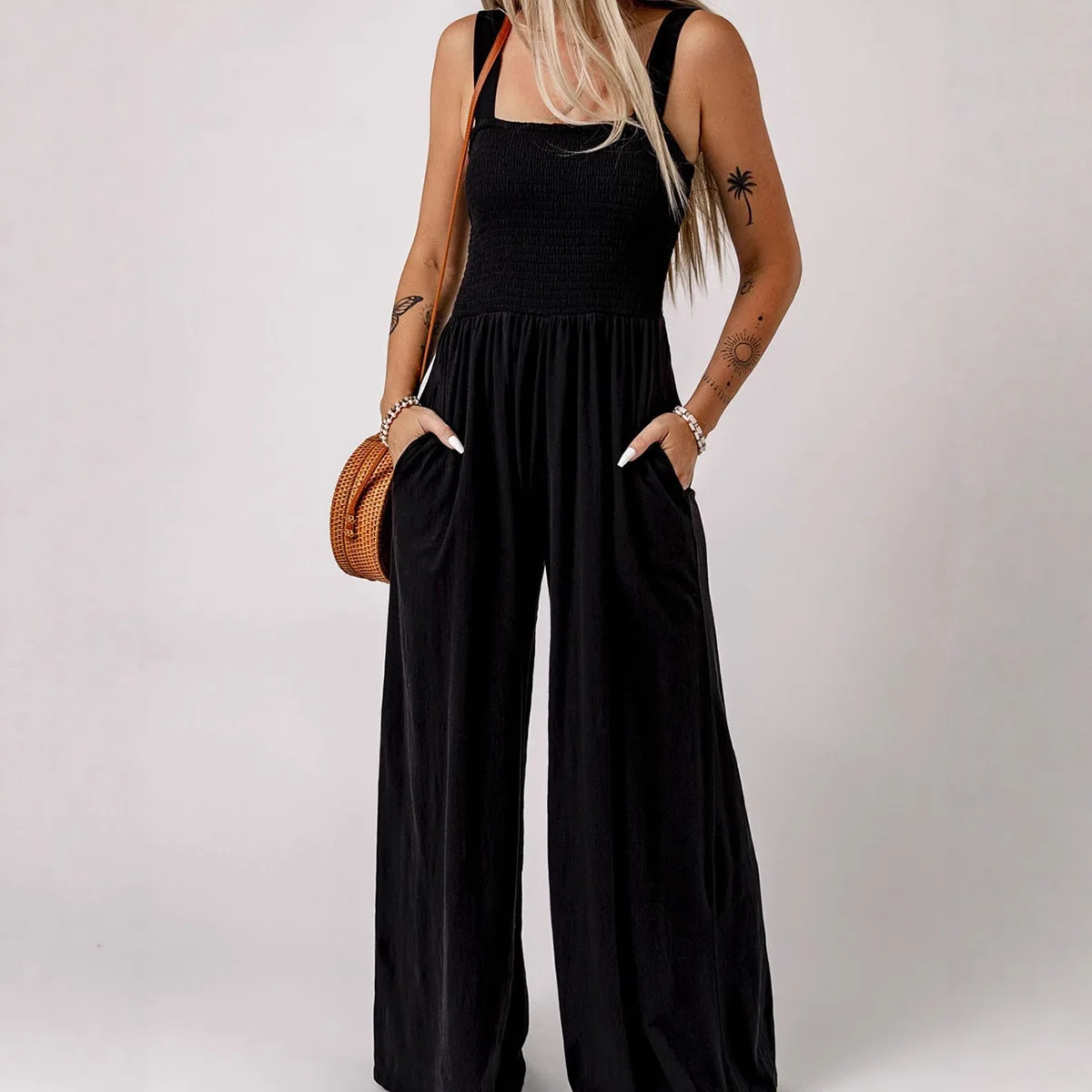

Solid Color Smocked Sleeveless Spaghetti Straps Wide Leg Jumpsuit with Pockets