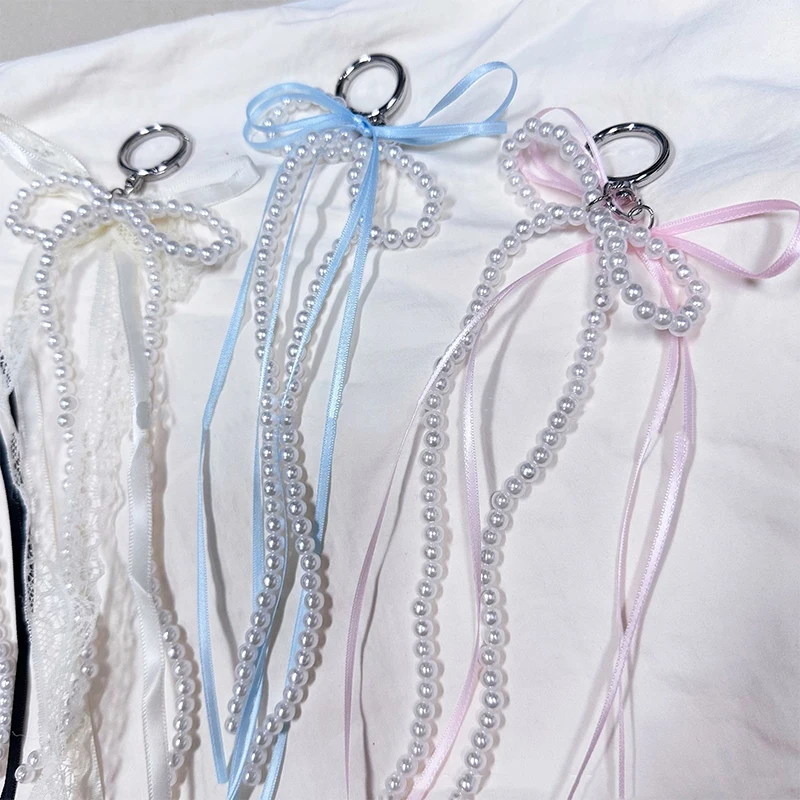 Sweet Ribbon Bowknot Pearls Bag Pendant Charm Keychain Elegant Beaded Keyring Key Chain Phone Key Bag Hangings