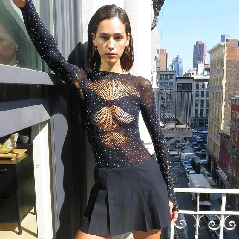 ผู้หญิง Hollow Out เพชรบอดี้สูทสูงยืดแขนยาวเซ็กซี่เสื้อด้านบนหญิง Romper One Piece Street สวม Party Yuqung