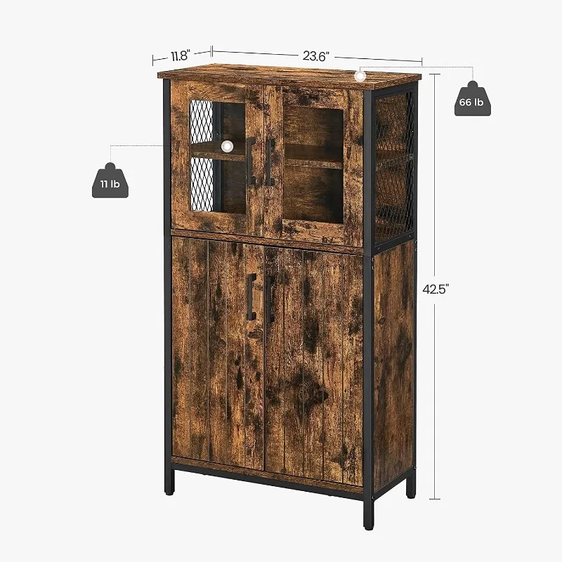 VASAGLE Pantry, Storage Cabinet with Door and Adjustable Shelf, for Living Room Kitchen, Industrial Style,Rustic Brown and Black