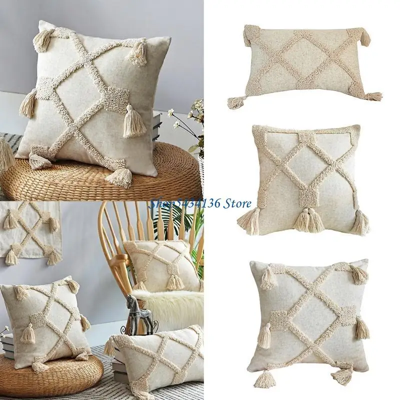 H7ED Throw Pillow for Case Morocco Tribal Tassel Rhombus Woven Tufted Sofa Cushion Co