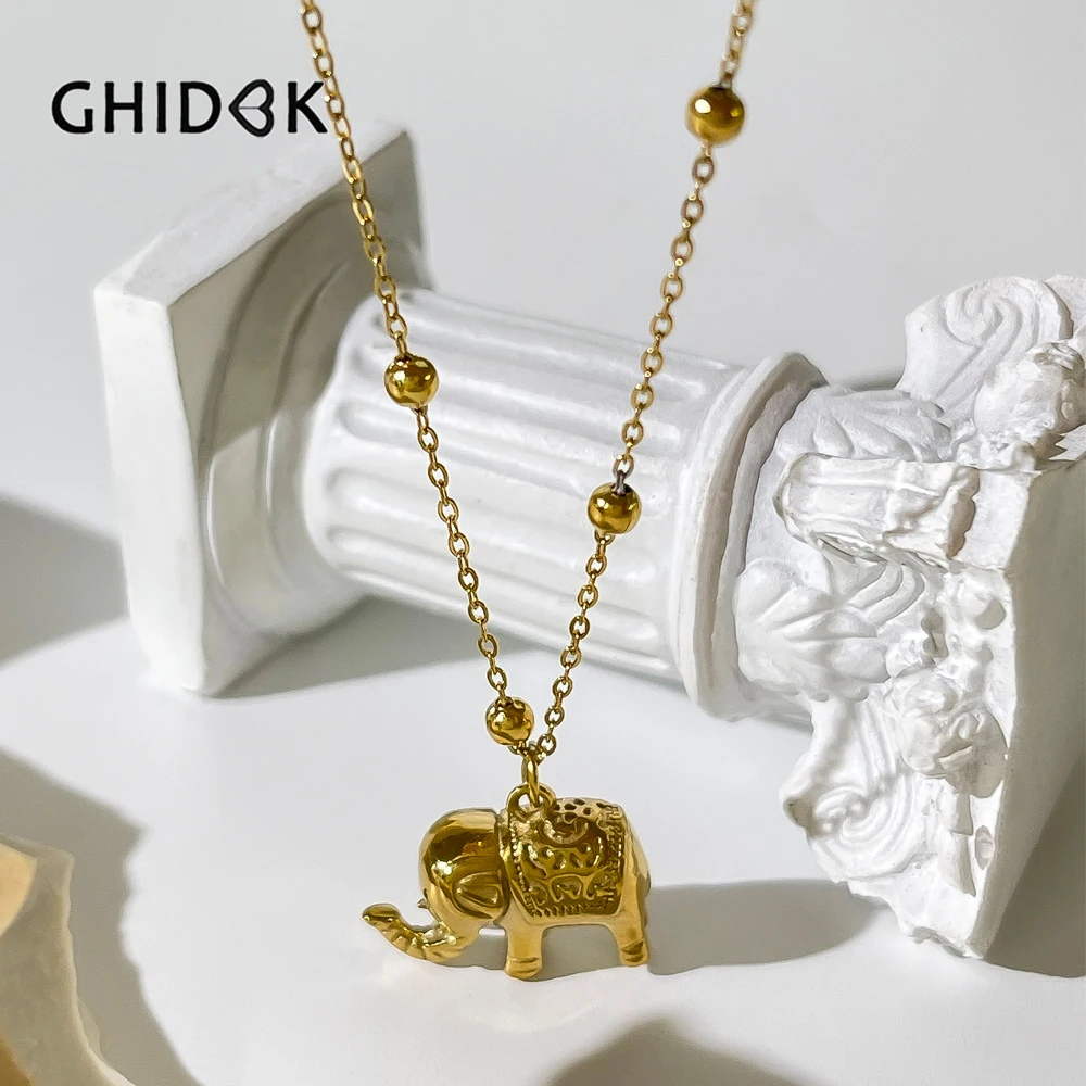 GHIDBK Free Tarnish 316L Stainless Steel 18K Gold Pvd Plated Bead Chain Engraved Puffy Elephant Charm Necklace for Women