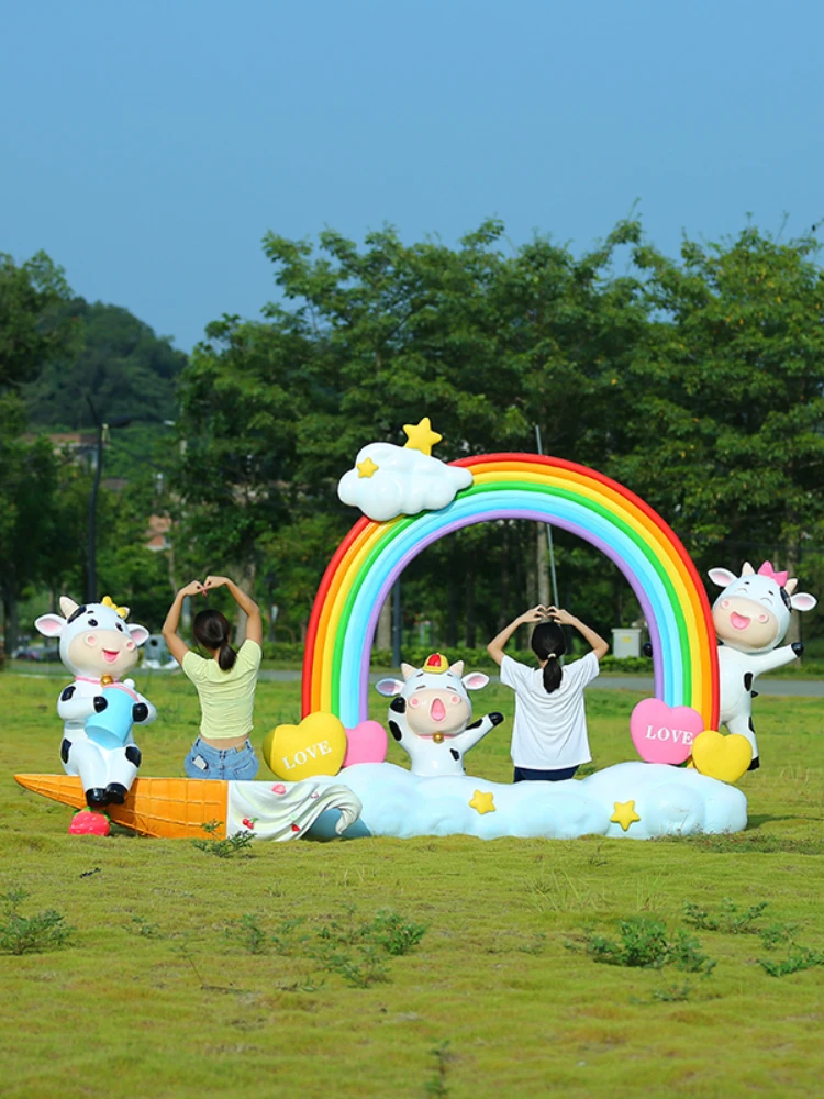 Cartoon Cow Fiberglass Animal Sculpture Kindergarten Scenic Spot Rainbow Internet Celebrity Clock-in Luminous Big Decorations