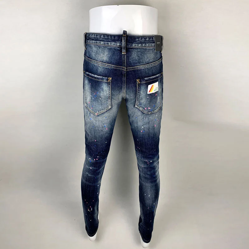High Street Fashion Men Jeans Retro Blue Stretch Skinny Fit Painted Ripped Jeans Men Patched Designer Hip Hop Brand Pants Hombre