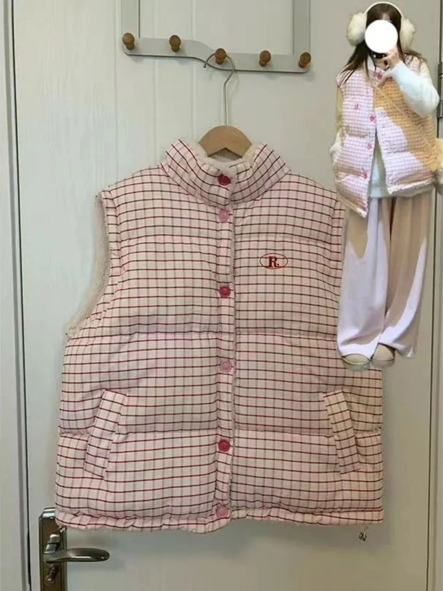 

Korean Sle Lazy Plaid Design Women's Double-Sided Lamb Fur Vest Cotton Jaet Outerwear Slimming Versatile Print on Fabric