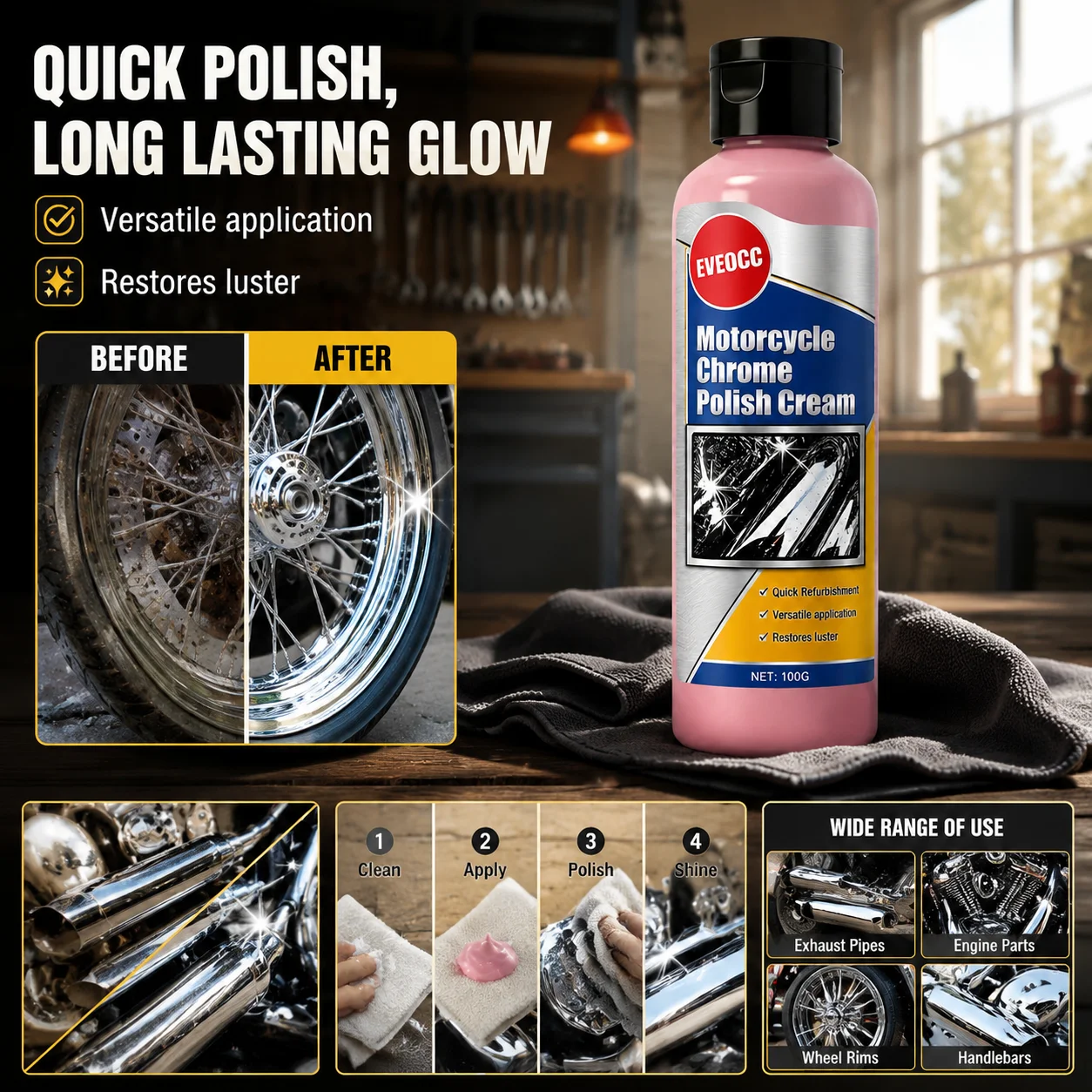 EVEOCC Multi‑use Chrome Polishing Cream 100g, Motorcycle Metal Surface Renovator Brightener Oxidation Cleaner for Metal Accessor