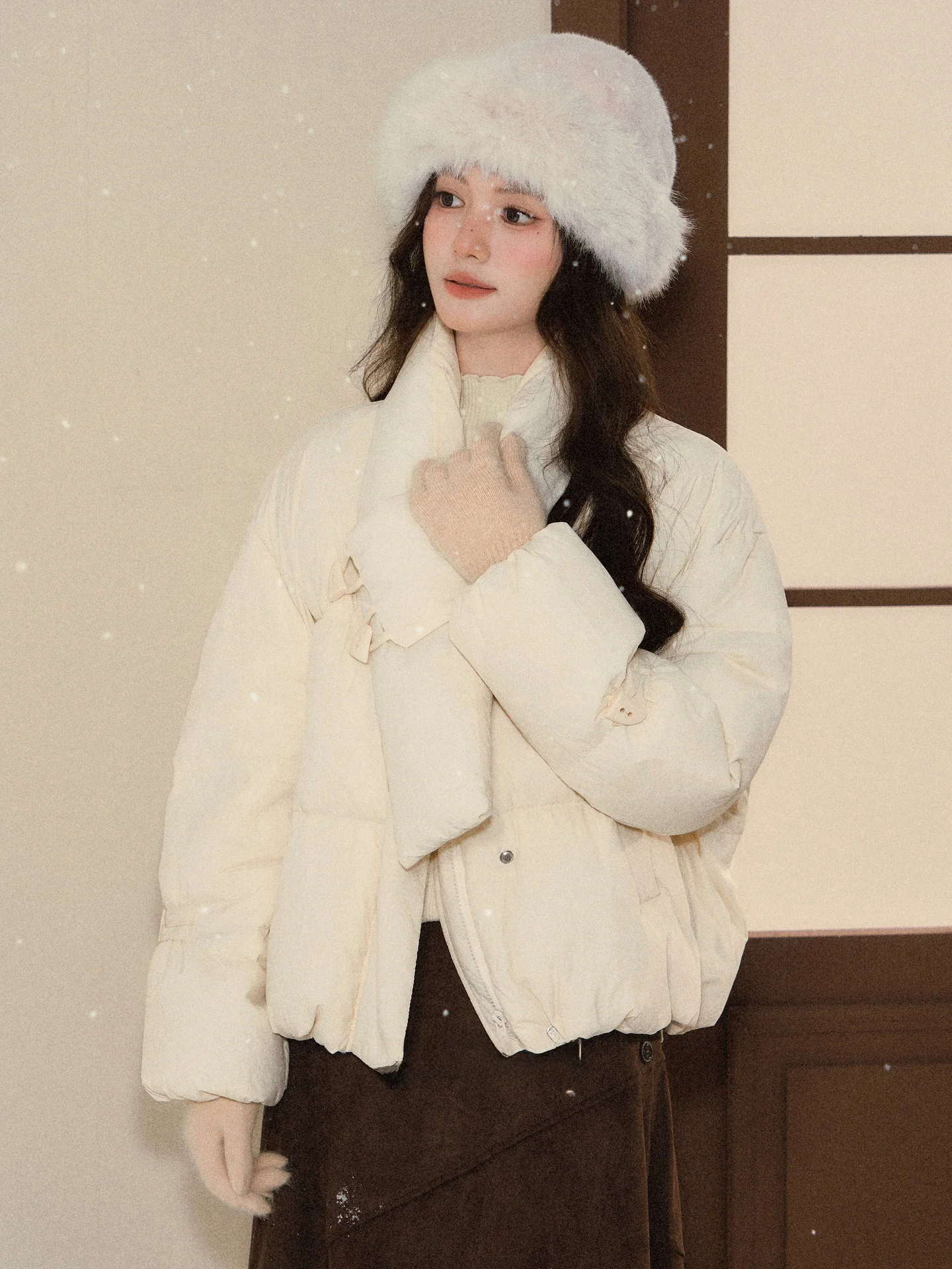 

Warm ort Women's down Jaet South Deer Milk White Oil Painting Apricot Winter New Design Sense Outerwear Coat