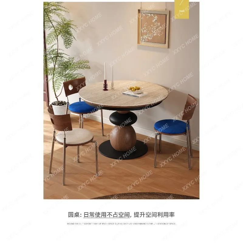 XXOval telescopic dining table variable round, travertine rock slab solid wood small apartment medium ancient style