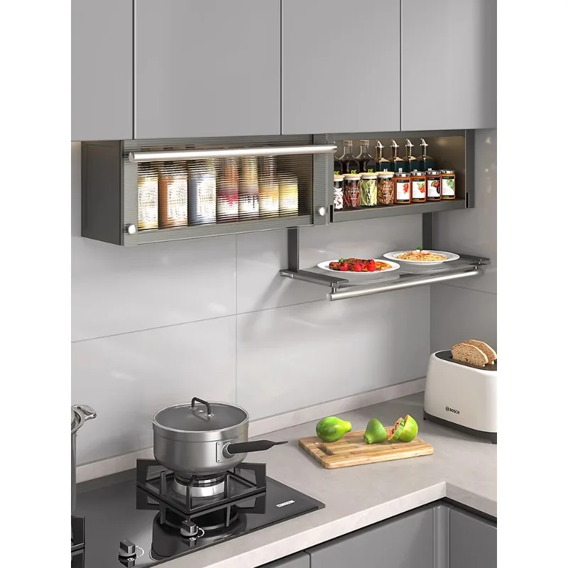 

Kitchen hanging cabinet seasoning storage rack wall mounted dish preparation wall pull-down foldable cabinet storage rack