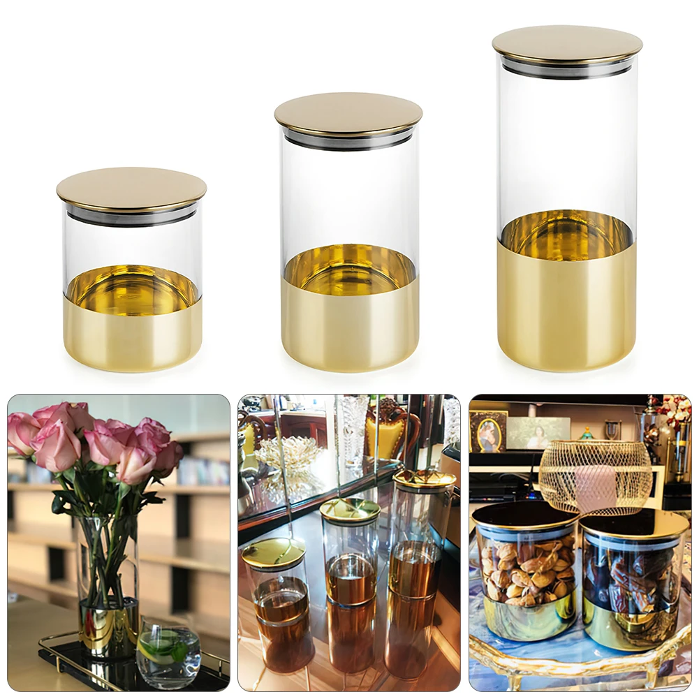 Golden Storage Sealed Glass Jar With Cover Coffee Bean Food Fruit Tank Metal Container Kitchen Grain Storage Jar