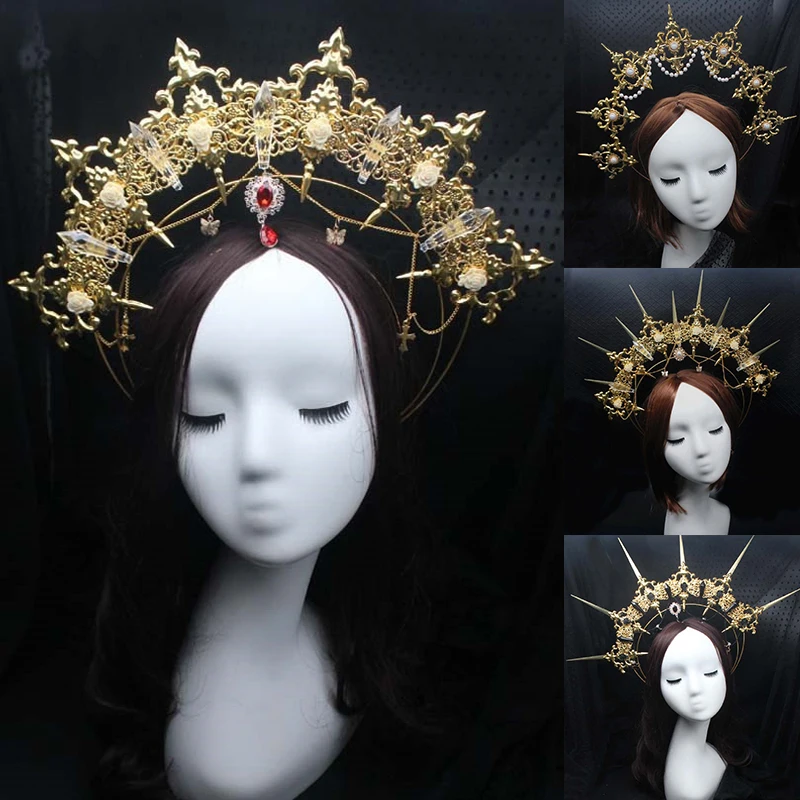 Lolita Spiked Halo Crown Gothic splendida fascia Vintage Church Tiara barocco copricapo Cosplay copricapo pacchetto materiale fai da te