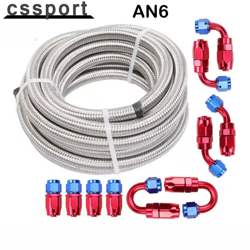 

6AN 8AN 10FT 3M CPE Braided Nylon Fuel Line Kit Hose End Fittings Silver