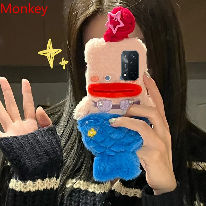 3D Cute Plush Mermaid Girls Gift Phone Case For OPPO A17 A16 A15 A95 A94 A93 A54 A5S A3S F17 F11 F9 Find X3 X5 Fluffy Hair Cover